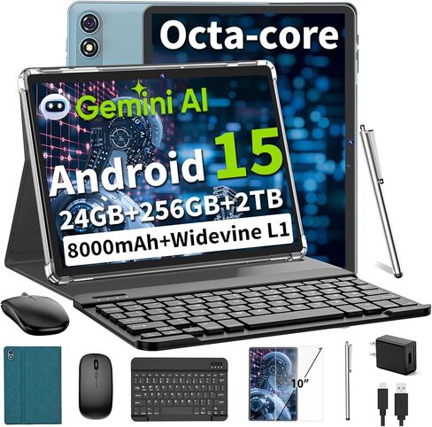 جهاز لوحي Android 15 مقاس 10 بوصات، 2026 مع لوحة مفاتيح، 24 جيجابايت + 256 جيجابايت + 2 تيرابايت، أجهزة لوحية مع Gemini AI، ثماني النواة، 8000 مللي أمبير، 5G WiFi، Widevine L1، GMS، 2 في 1 أجهزة لوحية مع حافظة، ماوس، قلم (أسود) in Kuwait
