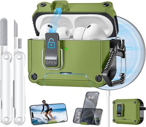 قفل أمان مزدوج لحافظة AirPods Pro 3 2025، متوافق مع MagSafe - مصمم مع مفتاح تلقائي وحامل هاتف، يتضمن منظف وسلسلة مفاتيح - هيكل صلب متين in Kuwait