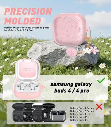 Cute Case for Samsung Galaxy Buds 4 Pro/Buds 4 (2026), Silicone Protective Cover with Cherry Blossom Keychain & Cleaning Pen, Stylish Engraved Design for Galaxy Buds 4 Accessories - Pink in Saudi Arabia