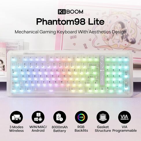 لوحة مفاتيح ألعاب ميكانيكية لاسلكية بنسبة 96% من KiiBoom Phantom98 Lite، قابلة للبرمجة عبر VIA، لوحة مفاتيح كريمية مع حشية، بطارية 8000 مللي أمبير في الساعة، مبادلة ساخنة، إضاءة خلفية RGB، NKRO لـ Win/Mac (شفاف، مفتاح Mochi) in Kuwait