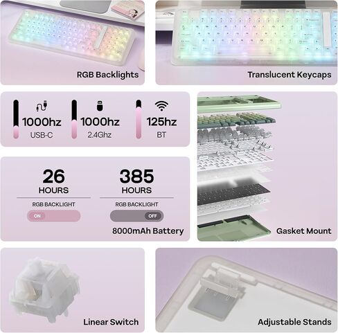 لوحة مفاتيح ألعاب ميكانيكية لاسلكية بنسبة 96% من KiiBoom Phantom98 Lite، قابلة للبرمجة عبر VIA، لوحة مفاتيح كريمية مع حشية، بطارية 8000 مللي أمبير في الساعة، مبادلة ساخنة، إضاءة خلفية RGB، NKRO لـ Win/Mac (شفاف، مفتاح Mochi) in Kuwait