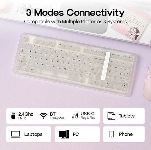لوحة مفاتيح ألعاب ميكانيكية لاسلكية بنسبة 96% من KiiBoom Phantom98 Lite، قابلة للبرمجة عبر VIA، لوحة مفاتيح كريمية مع حشية، بطارية 8000 مللي أمبير في الساعة، مبادلة ساخنة، إضاءة خلفية RGB، NKRO لـ Win/Mac (شفاف، مفتاح Mochi) in Kuwait