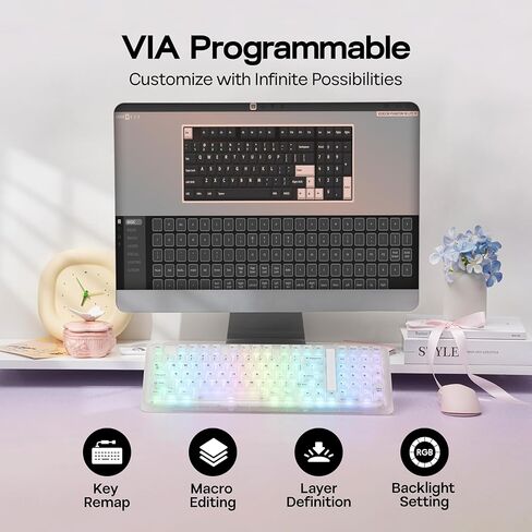 لوحة مفاتيح ألعاب ميكانيكية لاسلكية بنسبة 96% من KiiBoom Phantom98 Lite، قابلة للبرمجة عبر VIA، لوحة مفاتيح كريمية مع حشية، بطارية 8000 مللي أمبير في الساعة، مبادلة ساخنة، إضاءة خلفية RGB، NKRO لـ Win/Mac (شفاف، مفتاح Mochi) in Kuwait