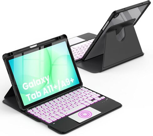 حافظة لوحة مفاتيح دوارة CACOE لجهاز Samsung Galaxy Tab A11 Plus / A9 Plus 2025/2023 11 بوصة مع لوحة لمس، إضاءة خلفية 7 ألوان، لوحة مفاتيح لاسلكية قابلة للفصل، دوران 360 درجة مع وظيفة الحامل، أسود in Kuwait