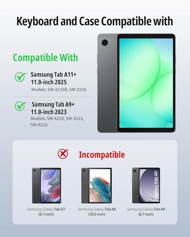 حافظة لوحة مفاتيح دوارة CACOE لجهاز Samsung Galaxy Tab A11 Plus / A9 Plus 2025/2023 11 بوصة مع لوحة لمس، إضاءة خلفية 7 ألوان، لوحة مفاتيح لاسلكية قابلة للفصل، دوران 360 درجة مع وظيفة الحامل، أسود in Kuwait