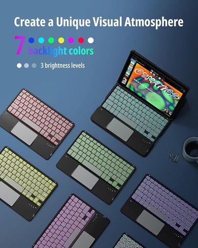 حافظة لوحة مفاتيح دوارة CACOE لجهاز Samsung Galaxy Tab A11 Plus / A9 Plus 2025/2023 11 بوصة مع لوحة لمس، إضاءة خلفية 7 ألوان، لوحة مفاتيح لاسلكية قابلة للفصل، دوران 360 درجة مع وظيفة الحامل، أسود in Kuwait