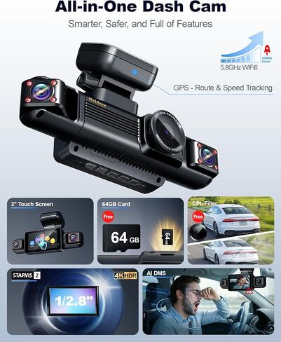 كاميرا أمامية 4K STARVIS 2 Dash Cam أمامية خلفية، 5.8 جيجا هرتز WiFi 20 ميجابايت/ثانية تنزيل، بطاقة 64 جيجابايت مجانية، كاميرا داش 4 قنوات 360 درجة، شاشة لمس 3 بوصات، نظام مراقبة السائق AI، رؤية ليلية WDR، نظام تحديد المواقع HDR، وضع انتظار السيارات على م in Kuwait
