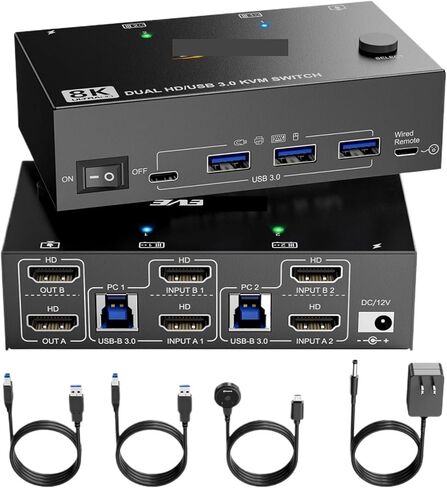 8K Dual Monitor KVM Switch 8K@60Hz 4K@120Hz, HDMI 2.1 KVM Switch for 2 Computer Share 2 Monitors and 3 USB3.0 + 1 USB C Devices(EU Plug) in Saudi Arabia
