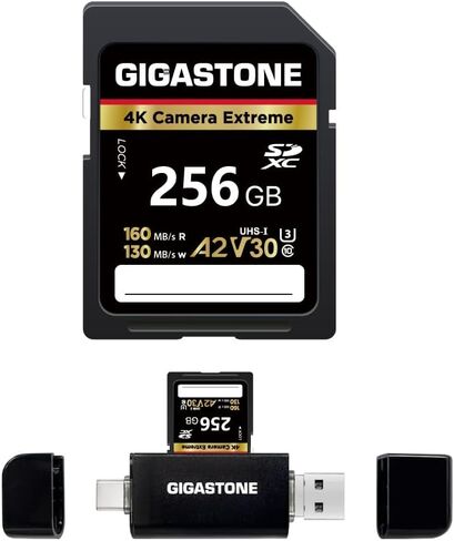 【5-Years Data Recovery】 GIGASTONE 256GB SD Card with USB Type C Card Reader, 4K Camera Extreme, A2 V30 U3 C10 SDXC Memory Card High Speed, Compatible with Canon Kodak Olympus Digital Camera in Saudi Arabia