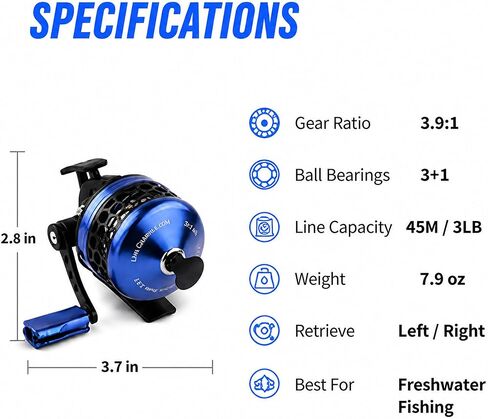Spincast Fishing Reel, 3.9:1 Gear Ratio, Pre-Spooled, Left/Right Hand Reversible, Aluminum, Black, for Freshwater Trout, Catfish and Bass in Saudi Arabia