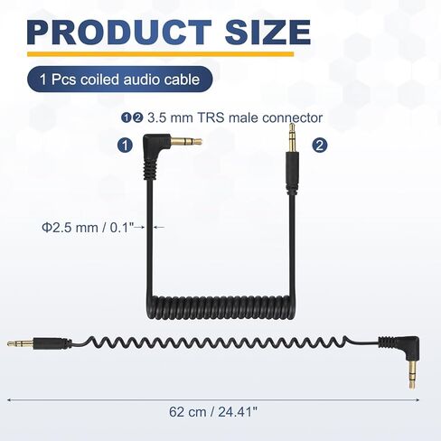 2 Set 3.5mm TRS to TRS Patch Cable Cord Wire, Straight-Angle Microphone Patch Cable Coiled Retractable for DSLR Cameras PC, Black(3-Pole to 3-Pole) in Saudi Arabia