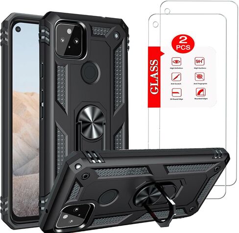 for Google Pixel 4A 4G Case with [2 Pack] Tempered Glass Screen Protector, for Google Pixel 4a 4G Heavy Duty Armor [Military-Grade] Protective，Magnetic Ring Stand Phone Case Black in Saudi Arabia