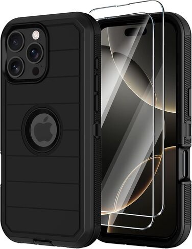 حافظة لهاتف iPhone 16 Pro مع واقي شاشة، حافظات متينة للحماية من السقوط من الدرجة العسكرية، غطاء هاتف خلوي متين ممتص للصدمات والغبار لهاتف Apple 16 Pro 6.3 بوصة (أسود برتقالي in Kuwait