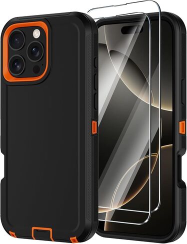 for iPhone 16 Pro Case with Screen Protector,Heavy Duty Military Grade Drop Protection Tough Cases,Shock-Absorbing Dust Proof Rugged Durable Bumper Cell Phone Cover for Apple 16 Pro 6.3" (Black Orange in Saudi Arabia