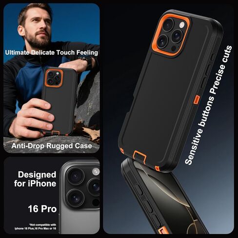 for iPhone 16 Pro Case with Screen Protector,Heavy Duty Military Grade Drop Protection Tough Cases,Shock-Absorbing Dust Proof Rugged Durable Bumper Cell Phone Cover for Apple 16 Pro 6.3" (Black Orange in Saudi Arabia