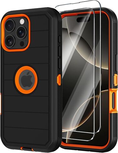 for iPhone 16 Pro Case with Screen Protector,Heavy Duty Military Grade Drop Protection Tough Cases,Shock-Absorbing Dust Proof Rugged Durable Bumper Cell Phone Cover for Apple 16 Pro 6.3" (Black Orange in Saudi Arabia