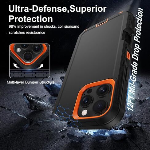 for iPhone 16 Pro Case with Screen Protector,Heavy Duty Military Grade Drop Protection Tough Cases,Shock-Absorbing Dust Proof Rugged Durable Bumper Cell Phone Cover for Apple 16 Pro 6.3" (Black Orange in Saudi Arabia