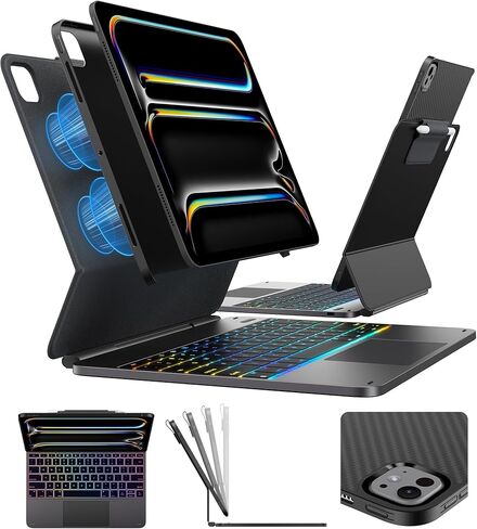 حافظة لوحة المفاتيح Edge+ لجهاز iPad Pro مقاس 13 بوصة (M5/M4، 2025/2024)، لوحة مفاتيح باللون الأسود مع إضاءة خلفية 11 لونًا، متعددة الأوضاع، حافظة خلفية من ألياف الكربون قابلة للإزالة، حامل عائم مغناطيسي، لوحة تتبع أكبر in Saudi Arabia