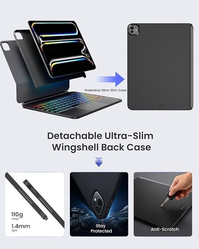 حافظة لوحة المفاتيح Edge+ لجهاز iPad Pro مقاس 13 بوصة (M5/M4، 2025/2024)، لوحة مفاتيح باللون الأسود مع إضاءة خلفية 11 لونًا، متعددة الأوضاع، حافظة خلفية من ألياف الكربون قابلة للإزالة، حامل عائم مغناطيسي، لوحة تتبع أكبر in Saudi Arabia
