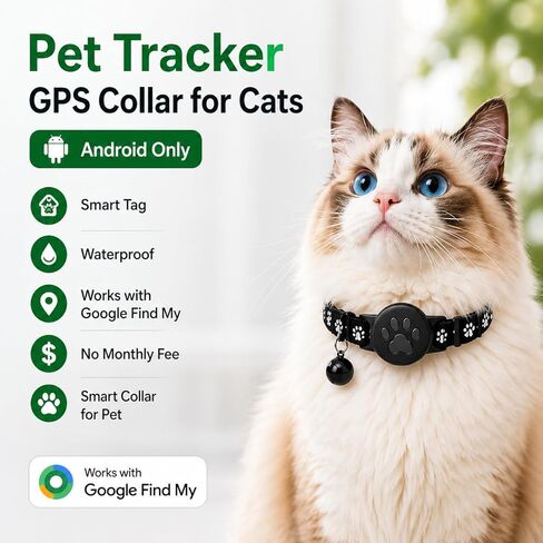جهاز تعقب الحيوانات الأليفة، طوق GPS للقطط، علامة ذكية، مقاوم للماء متوافق مع Find My، بدون رسوم شهرية، طوق ذكي لحل التتبع المتقدم لسلامة الحيوانات الأليفة، مثالي للقطط الصغيرة الكبيرة (مستخدم Android) in Kuwait