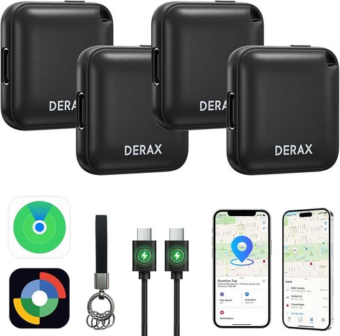 جهاز تعقب بلوتوث DERAX (iOS وAndroid) 4 حزم، علامات تعقب قابلة لإعادة الشحن متوافقة مع iOS وAndroid، جهاز مكافحة فقدان العناصر للمفاتيح، حقيبة ظهر للأمتعة، أسود in Kuwait
