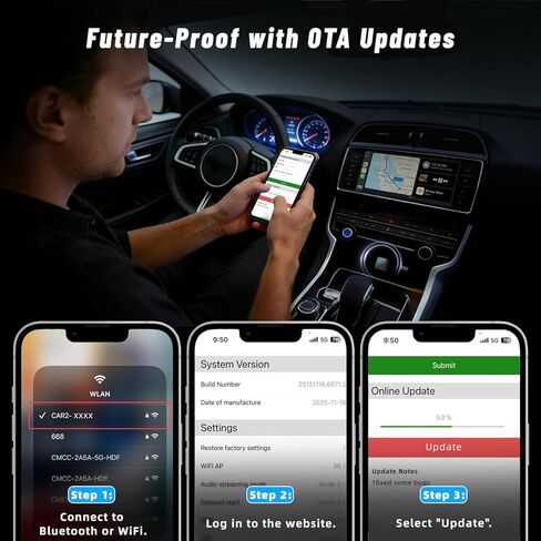 محول Holdsound اللاسلكي CarPlay، اتصال سريع للتوصيل والتشغيل، عالمي للسيارات المزودة بسلك CarPlay/Android Auto (موديل 2016+)، iOS 10+/Android 11+ (أسود كربوني) in Kuwait
