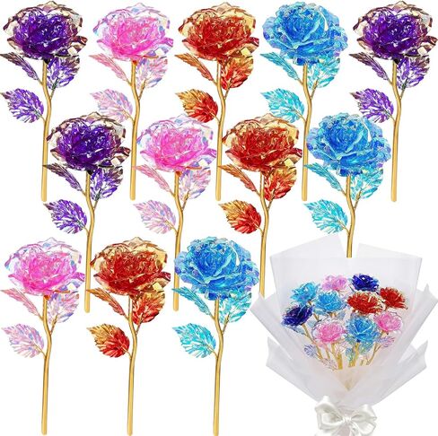 Wowagoga 12 Pcs 24K Galaxy Rose Colorful Artificial Flowers Roses Gift,Forever Rose in Glass Dome for Women Girls Christmas Thanksgiving Valentine's Day Birthday Party Wedding Decoration,4 Colors in Saudi Arabia