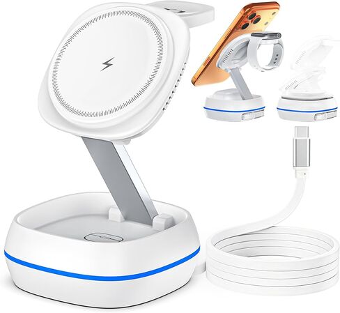 محطة شحن لاسلكية Magsafe 3 في 1 معتمدة من MFI، شاحن Magsafe بقدرة 15 وات، حامل مغناطيسي قابل للطي أثناء السفر لسلسلة iPhone 17/16/15/14/13/12، وiWatch، وAirpods، وكابل مدمج قابل للسحب in Kuwait