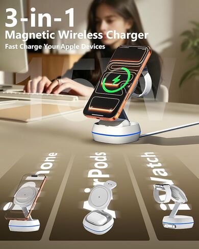 محطة شحن لاسلكية Magsafe 3 في 1 معتمدة من MFI، شاحن Magsafe بقدرة 15 وات، حامل مغناطيسي قابل للطي أثناء السفر لسلسلة iPhone 17/16/15/14/13/12، وiWatch، وAirpods، وكابل مدمج قابل للسحب in Kuwait