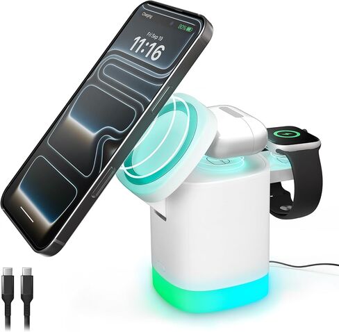 iHome 3-in-1 Wireless Charging Stand, 15W Fast Charge, LED Light, MagSafe Compatible, Foldable Design in Saudi Arabia