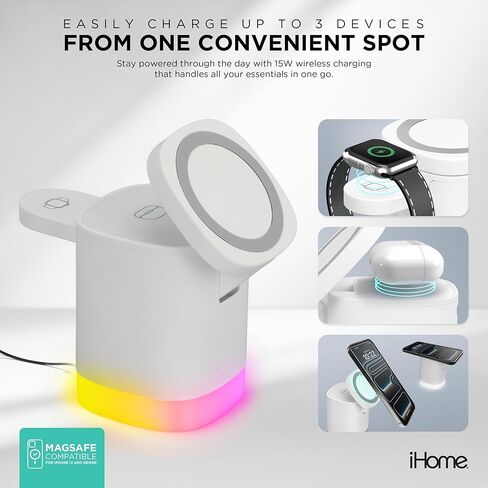 iHome 3-in-1 Wireless Charging Stand, 15W Fast Charge, LED Light, MagSafe Compatible, Foldable Design in Saudi Arabia