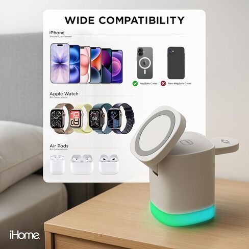 iHome 3-in-1 Wireless Charging Stand, 15W Fast Charge, LED Light, MagSafe Compatible, Foldable Design in Saudi Arabia