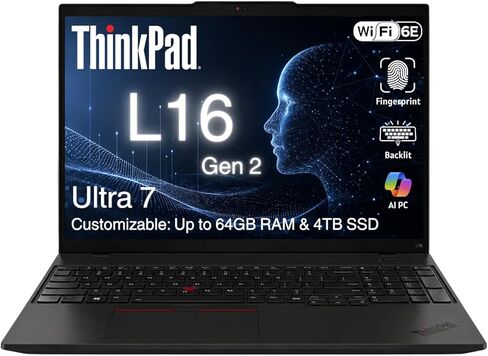 كمبيوتر محمول Lenovo ThinkPad L16 Gen 2 Business AI، شاشة 16 بوصة FHD+، Intel Core Ultra 7 255U، ذاكرة DDR5 بسعة 16 جيجابايت - 64 جيجابايت مخصصة، 512 جيجابايت - 4 تيرابايت SSD، HDMI، بصمة الإصبع، إضاءة خلفية، Wi-Fi 6E، عمر بطارية طويل، Windows 11 Pro in Kuwait