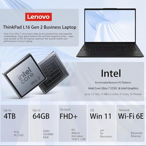 كمبيوتر محمول Lenovo ThinkPad L16 Gen 2 Business AI، شاشة 16 بوصة FHD+، Intel Core Ultra 7 255U، ذاكرة DDR5 بسعة 16 جيجابايت - 64 جيجابايت مخصصة، 512 جيجابايت - 4 تيرابايت SSD، HDMI، بصمة الإصبع، إضاءة خلفية، Wi-Fi 6E، عمر بطارية طويل، Windows 11 Pro in Kuwait