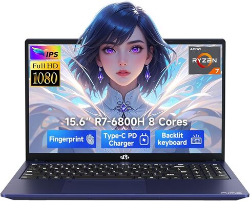 كمبيوتر محمول NIMO مقاس 15.6 بوصة IPS FHD-Gaming، 8 نوى AMD Ryzen 7 6800H 32GB DDR5 RAM 1TB SSD (Beat i9-12900H، حتى 4.7 جيجا هرتز) AMD Radeon 680M GPU-Computer مع 100W Type-C لطلاب أعمال الألعاب عرض 180 درجة in Kuwait