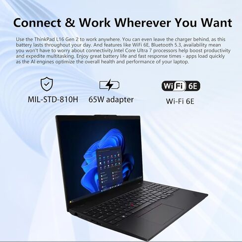 كمبيوتر محمول Lenovo ThinkPad L16 Gen 2 Business AI، شاشة 16 بوصة FHD+، Intel Core Ultra 7 255U، ذاكرة DDR5 بسعة 16 جيجابايت - 64 جيجابايت مخصصة، 512 جيجابايت - 4 تيرابايت SSD، HDMI، بصمة الإصبع، إضاءة خلفية، Wi-Fi 6E، عمر بطارية طويل، Windows 11 Pro in Kuwait
