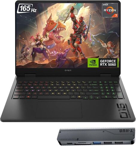 كمبيوتر محمول HP Omen 16 RTX 5060 للألعاب، شاشة 16 بوصة FHD+ 165 هرتز، AMD Ryzen AI 7 350، ذاكرة الوصول العشوائي DDR5 سعة 32 جيجابايت، 1 تيرابايت SSD، لوحة مفاتيح RGB بإضاءة خلفية، ضوء أزرق منخفض، حزمة مع موزع Thunderobot 7 في 1 USB-C، أسود، ويندوز 11 هوم in Saudi Arabia