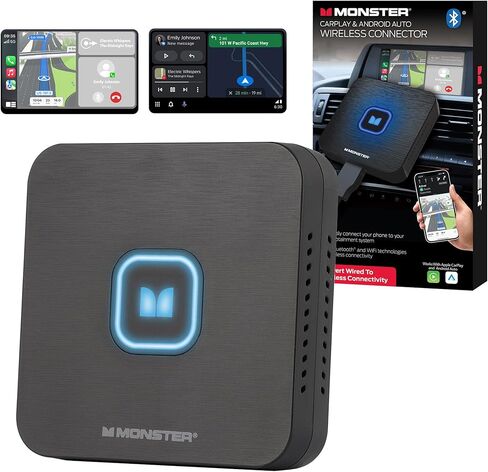 Monster Wireless CarPlay Adapter, Wireless Android Auto Adapter, Convert Wired to Wireless CarPlay & Android Auto, Compact Dongle for Factory Wired CarPlay Cars, USB-C & USB-A Cables Included in Saudi Arabia