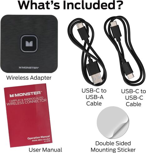 Monster Wireless CarPlay Adapter, Wireless Android Auto Adapter, Convert Wired to Wireless CarPlay & Android Auto, Compact Dongle for Factory Wired CarPlay Cars, USB-C & USB-A Cables Included in Saudi Arabia