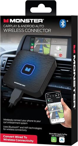 Monster Wireless CarPlay Adapter, Wireless Android Auto Adapter, Convert Wired to Wireless CarPlay & Android Auto, Compact Dongle for Factory Wired CarPlay Cars, USB-C & USB-A Cables Included in Saudi Arabia