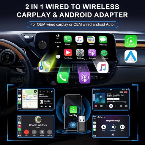 محول DUAIU اللاسلكي CarPlay لأجهزة iPhone وAndroid Auto - توصيل صغير وتشغيل السيارة بدون تأخير، ثنائي النطاق 2.4G/5G، إعادة الاتصال التلقائي، يحول السلك إلى لاسلكي للسيارات 2018+، USB-A وUSB-C in Kuwait