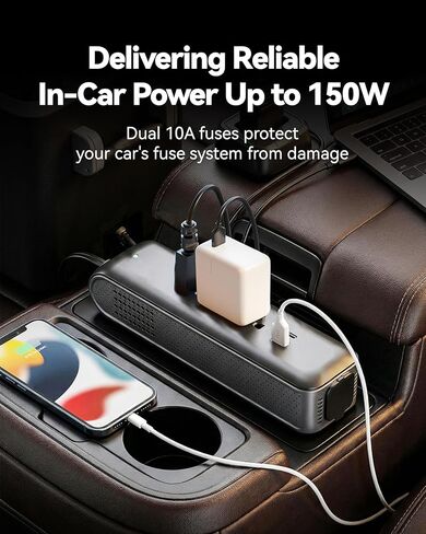 ERAYAK 150W عاكس طاقة السيارة DC 12V إلى 110V AC، 18W USB-C وUSB-A شحن سريع، 3 منافذ تيار متردد لأجهزة الكمبيوتر المحمول والهاتف والكمبيوتر اللوحي ووحدة التحكم في الألعاب - متوافق مع مقبس ولاعة السجائر 12 فولت in Kuwait