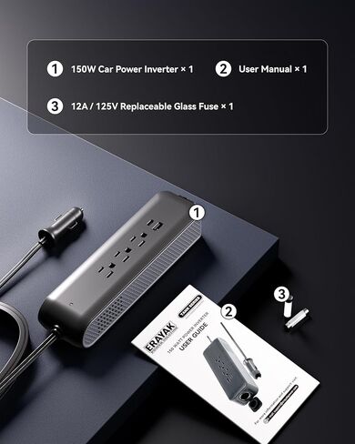ERAYAK 150W عاكس طاقة السيارة DC 12V إلى 110V AC، 18W USB-C وUSB-A شحن سريع، 3 منافذ تيار متردد لأجهزة الكمبيوتر المحمول والهاتف والكمبيوتر اللوحي ووحدة التحكم في الألعاب - متوافق مع مقبس ولاعة السجائر 12 فولت in Saudi Arabia
