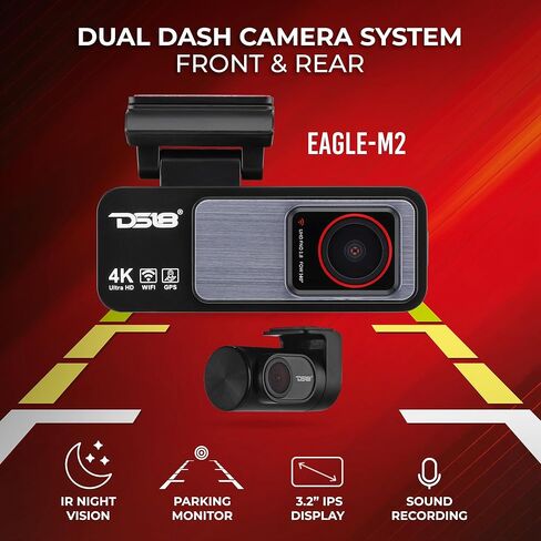 DS18 Eagle-M2 4K Dash Cam Dual Front and Rear, WiFi GPS Dash Cam with Night Vision, Parking Mode, Super Capacitor, Wide Angle, G-Sensor, Includes 64GB microSD Card in Saudi Arabia