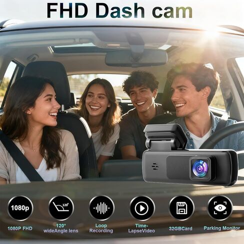 كاميرا داش كام للسيارات مع بطاقة SD سعة 32 جيجابايت، وكاميرا أمامية بدقة 1080 بيكسل FHD تتميز برؤية ليلية، وزاوية واسعة 120 درجة، وتسجيل دائري ووضع ركن السيارة على مدار 24 ساعة in Kuwait