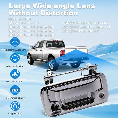 Chrome Tailgate Handle W/Reverse Backup Camera Compatible with 2005-2014 Ford F150, 2008-2016 F250 F350 F450 F550 Super Duty, 2007-2010 Explorer, 170° Viewing Angle, Replace# 8L3Z9943400AC in Saudi Arabia