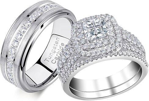 مجموعة خواتم زفاف من Newshe له ولها للنساء والرجال وأربطة تنجستن الأميرة Cz 2.3Ct من الفضة الإسترلينية مقاس 5-13 in Kuwait