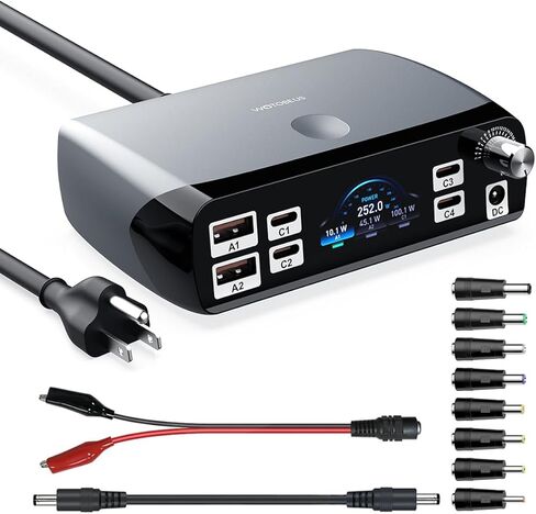 محطة شحن (252 وات)، 7 منافذ (4 USB-C، 2 USB-A، 1 DC)، محول طاقة مع مصدر طاقة تيار مستمر قابل للتعديل 3.3 فولت ~ 24.5 فولت (0 ~ 60 واط) وشاشة LED، لأجهزة الكمبيوتر المحمولة iPhone وشاشات الإلكترونيات in Kuwait