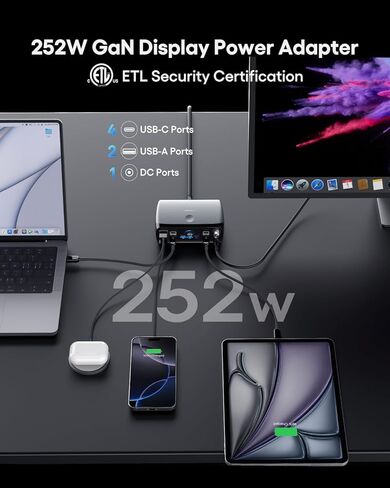 محطة شحن (252 وات)، 7 منافذ (4 USB-C، 2 USB-A، 1 DC)، محول طاقة مع مصدر طاقة تيار مستمر قابل للتعديل 3.3 فولت ~ 24.5 فولت (0 ~ 60 واط) وشاشة LED، لأجهزة الكمبيوتر المحمولة iPhone وشاشات الإلكترونيات in Kuwait