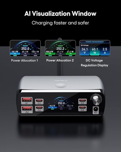 محطة شحن (252 وات)، 7 منافذ (4 USB-C، 2 USB-A، 1 DC)، محول طاقة مع مصدر طاقة تيار مستمر قابل للتعديل 3.3 فولت ~ 24.5 فولت (0 ~ 60 واط) وشاشة LED، لأجهزة الكمبيوتر المحمولة iPhone وشاشات الإلكترونيات in Kuwait